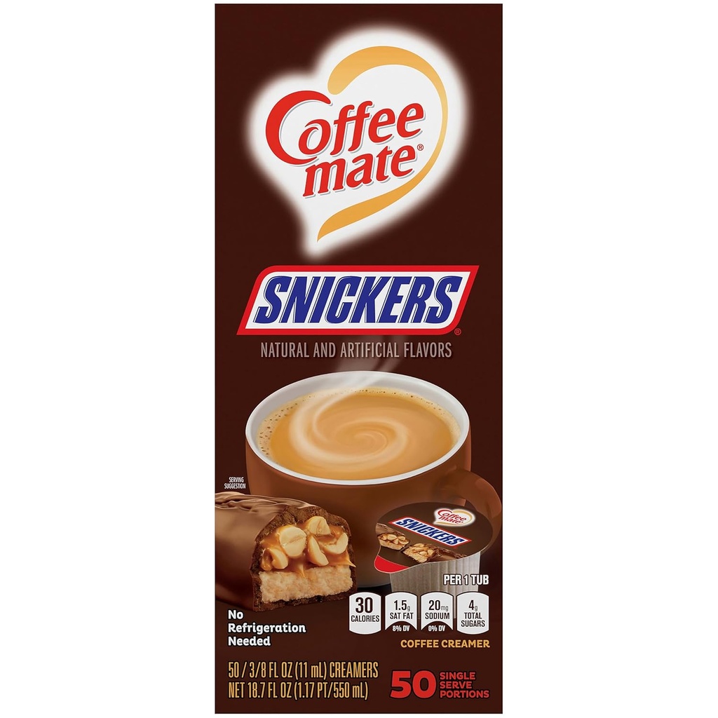 Nestle Coffee mate Coffee Creamer, Snickers, Liquid Creamer Singles, Non Dairy, No Refrigeration, 0.375 fl oz Tubs (Pack of 200)