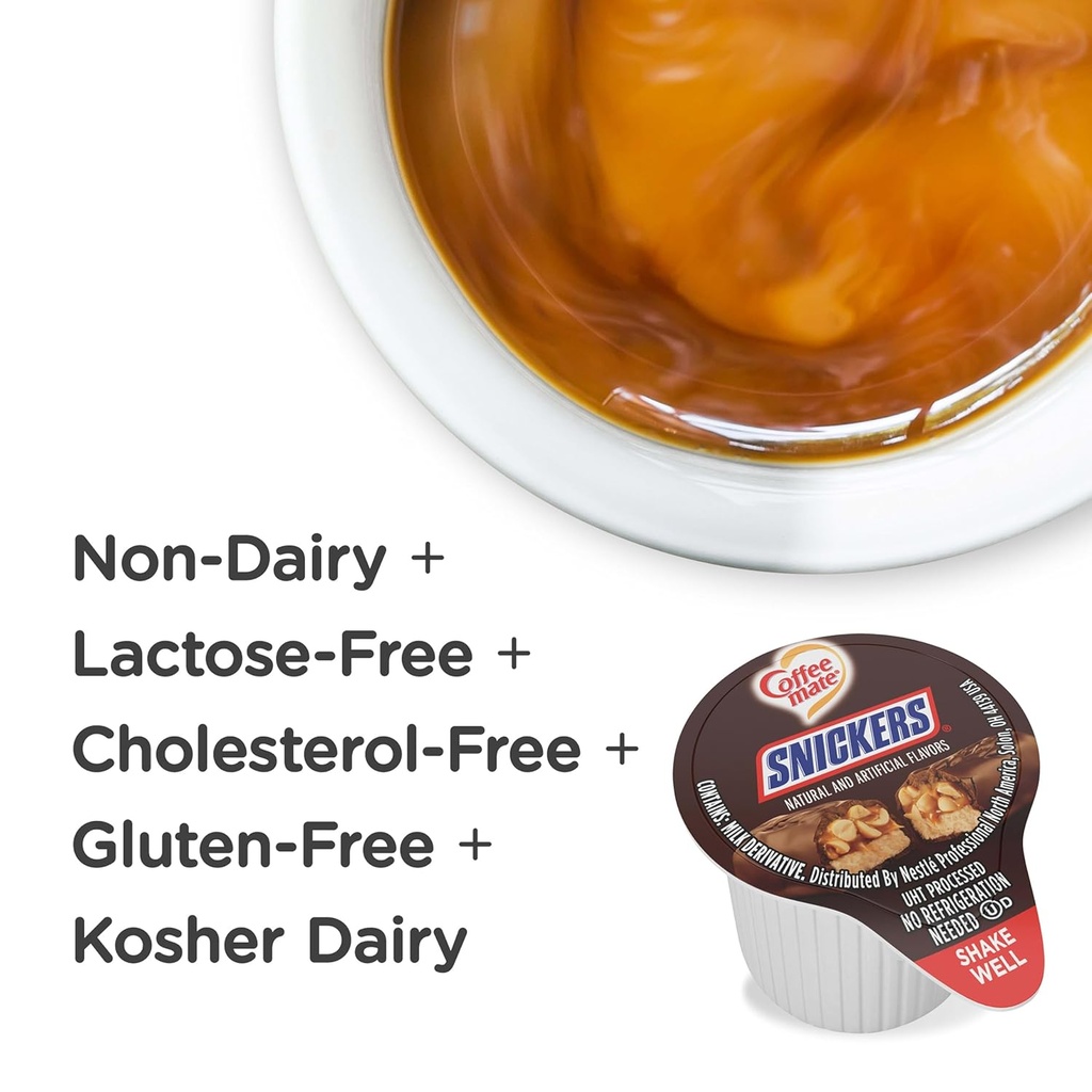 Nestle Coffee mate Coffee Creamer, Snickers, Liquid Creamer Singles, Non Dairy, No Refrigeration, 0.375 fl oz Tubs (Pack of 200)