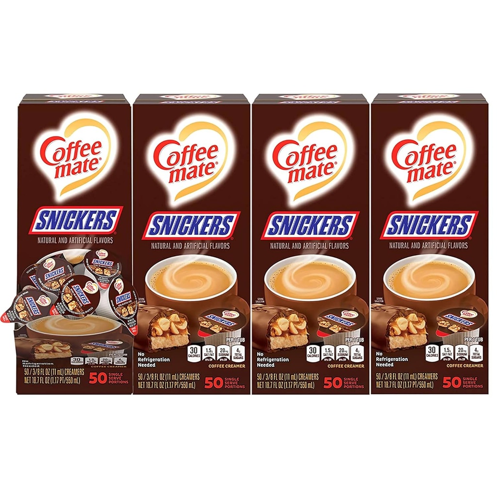 Nestle Coffee mate Coffee Creamer, Snickers, Liquid Creamer Singles, Non Dairy, No Refrigeration, 0.375 fl oz Tubs (Pack of 200)