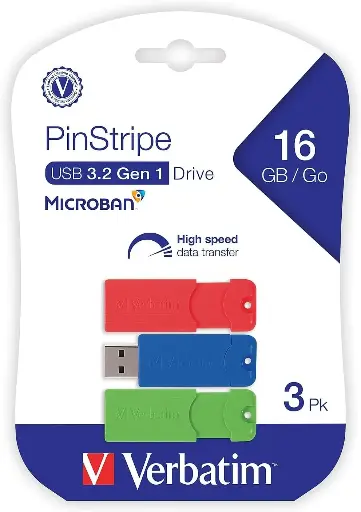  Verbatim Pinstripe 16GB USB 3.2 Type A Flash Drive, Assorted Colors, 3/Pack