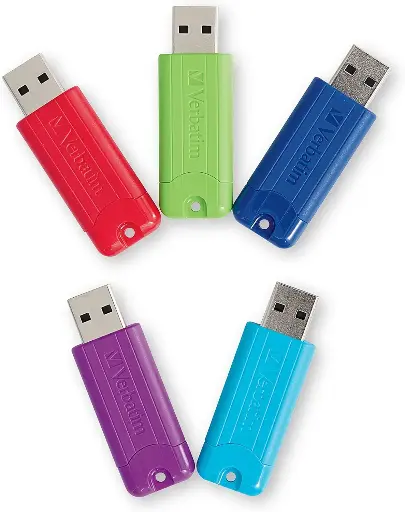 Verbatim 16GB Pinstripe USB 3.2 Gen 1 Flash Drive Retractable Thumb Drive- 5 Pack - Multicolor (Green, Blue, Red, Purple, Cyan)